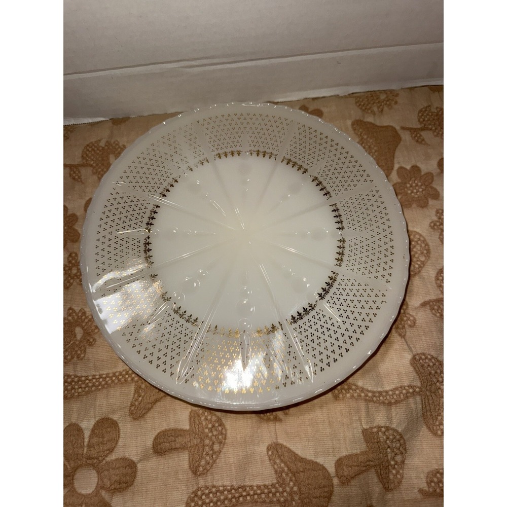 Vtg Milk Glass Cake Stand, Low Pedestal‎  With 22k Gold Designs
